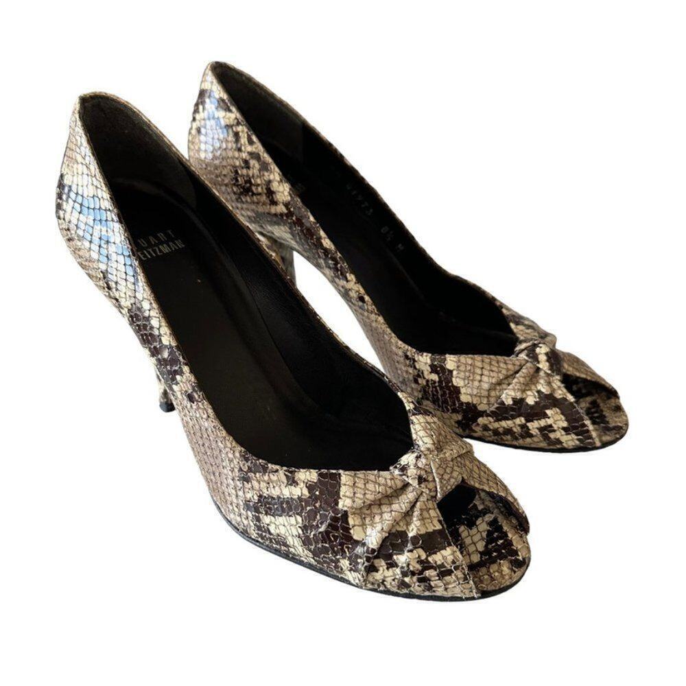 Stuart Weitzman Peep Toe Snake‎ Skin Women's 8.5 Brown Mobwife